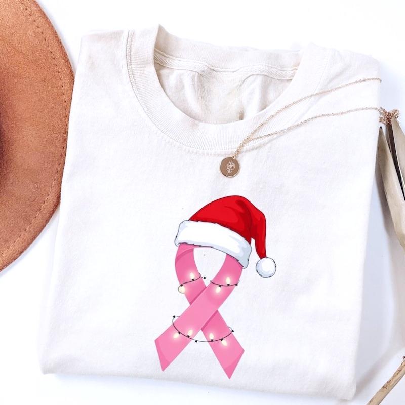 

Breast Cancer Santa Pink Ribbon Cotton TShirt Christmas Gift for Breast Cancer Warrior Xmas Lights Crew Neck Soft Utdoors Tees 4XL