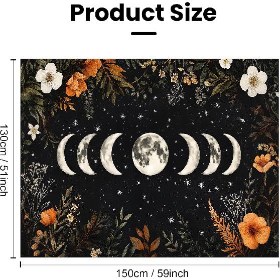 BVBOX Moon Garden Tapestry 59"x51", Black Celestial Floral Bohemian Moon Butterfly Tapestries, Dark Botanical Tapestry Wall Hanging Room Decor For
