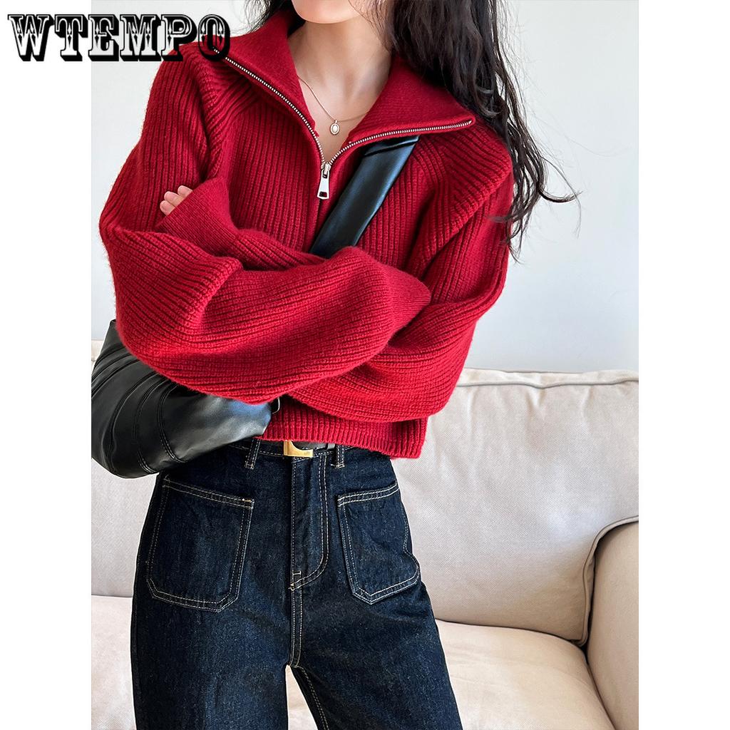 Half High Collar Zipper Red Knitted Sweater for Women Spring and Autumn High Waisted Sweater