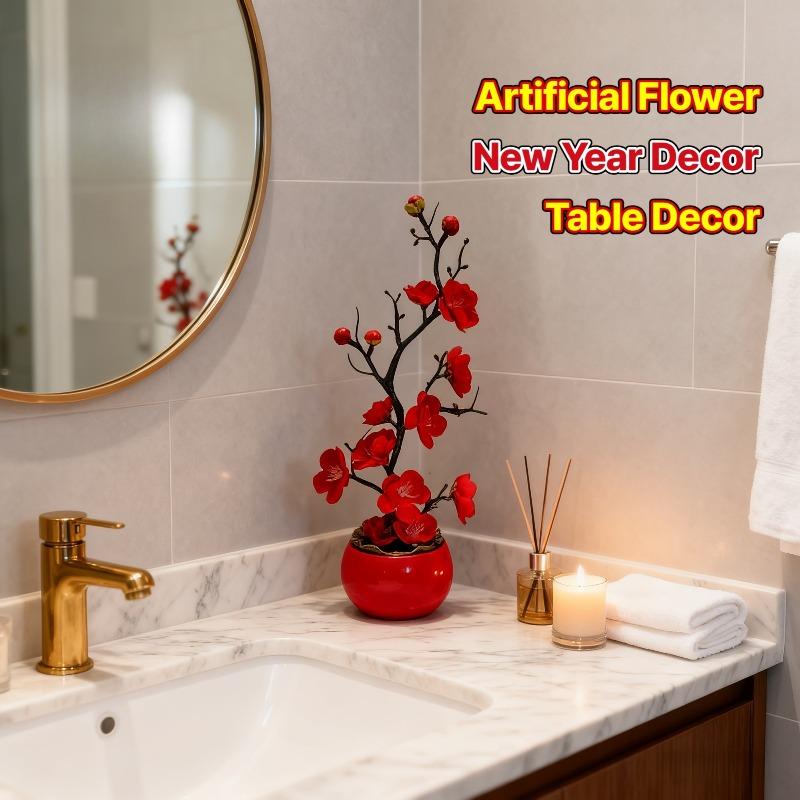 1pc Red Plum Blossom Potted Plant for New Year, Premium Artificial Flower for Wedding, Valentine's & Home Decor