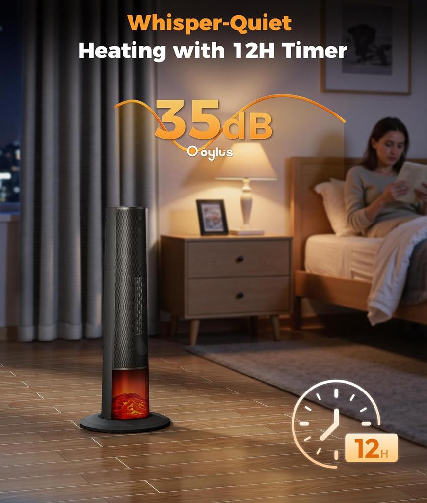 Portable 25' Tower Heater with 3D Flame, Remote, Adjustable Thermostat, 2 Heat Modes, Safety Features, 12H Timer, Quiet Operatio