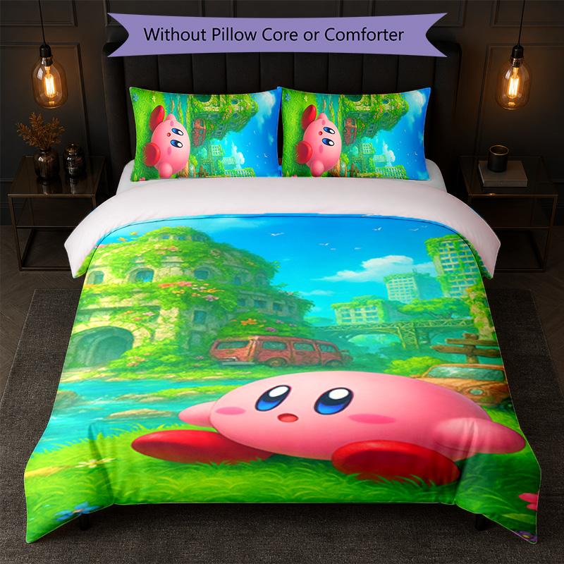 Kirby Print 3-teiliges Bettwäsche-Set 1 Bettbezug und 2 Kissenbezüge Weiche Bettwäsche für Haushalt Schlafzimmer