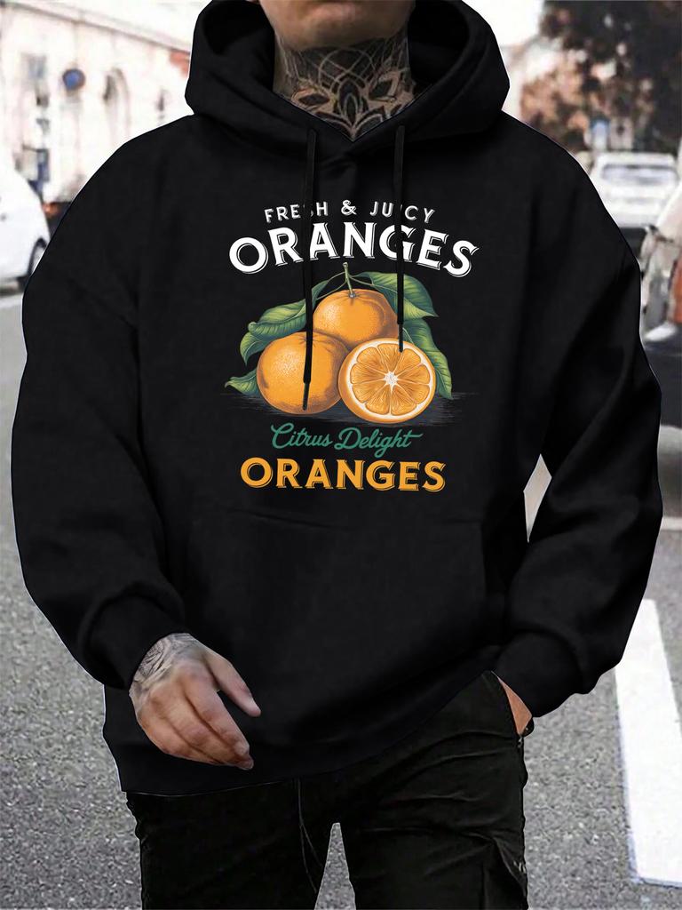 Fresh Juicy Oranges Fruit Printing Hoodiy Men Loose Pocket Hoodies Casual All-Match Clothes Fleece Comfortable Pullovers