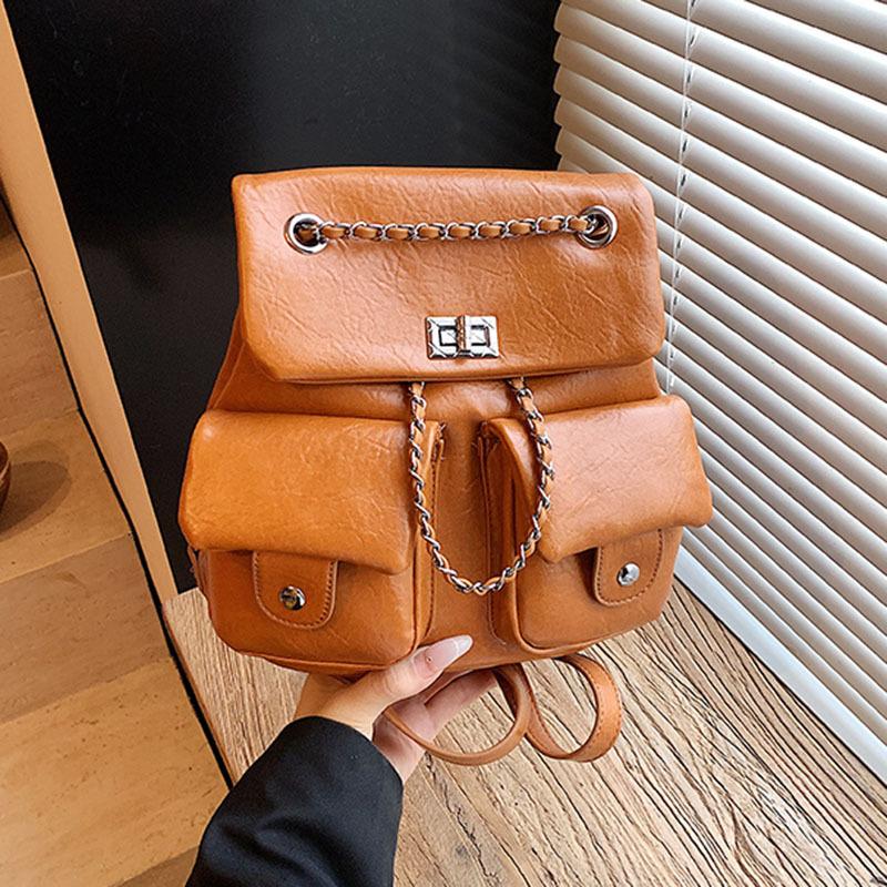 

Retro chain backpack women s casual fashion niche design student schoolbag bucket lightweight travel backpack коричневый