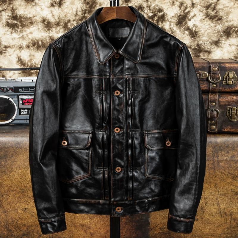Genuine Horsehide Leather Jacket for Men Short Slim Fit Waxed Tea Core Vintage Biker Jacket Stand Collar