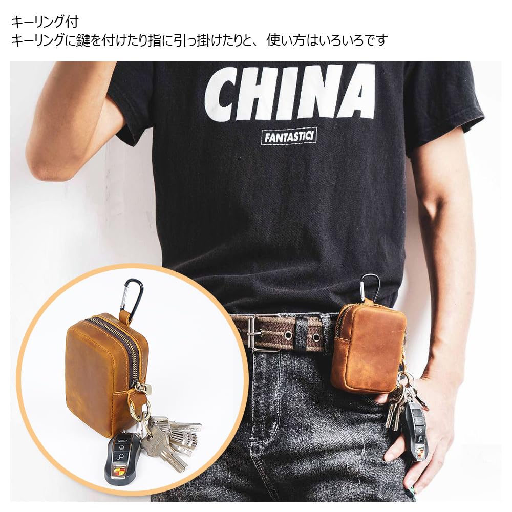 Whatna Natural Thick Cowhide Leather Coin Purse for Men and Mini Sacoche Bag with Belt and Key Includes Earphone Storage Case Women, 2-Way Carabiner,