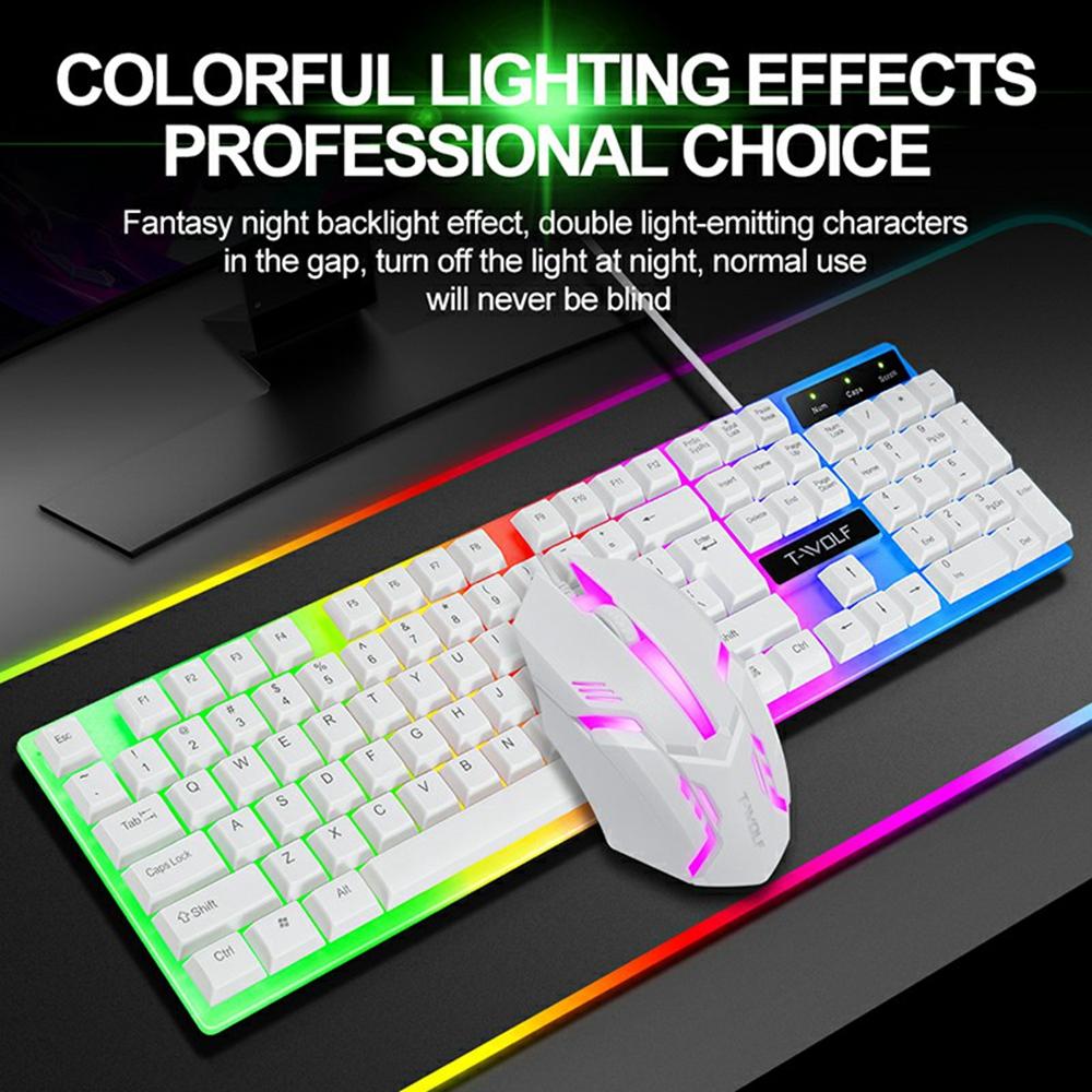 T-WOLF TF230 USB Wired Mechanical Keyboard and Mouse Set with Colorful Backlight for PC Computer Laptop, White