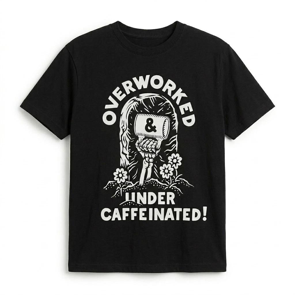Overworked and Under Caffeinated T-Shirt - Funny Skeleton Coffee Lover Tee XL