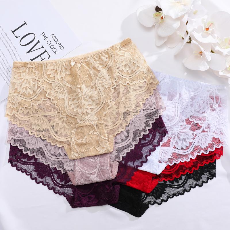 1 pezzo Biancheria intima da donna a vita alta, taglie forti, tinta unita, con pizzo, alla moda, traspirante, morbida e confortevole, biancheria intima da donna di alta qualità