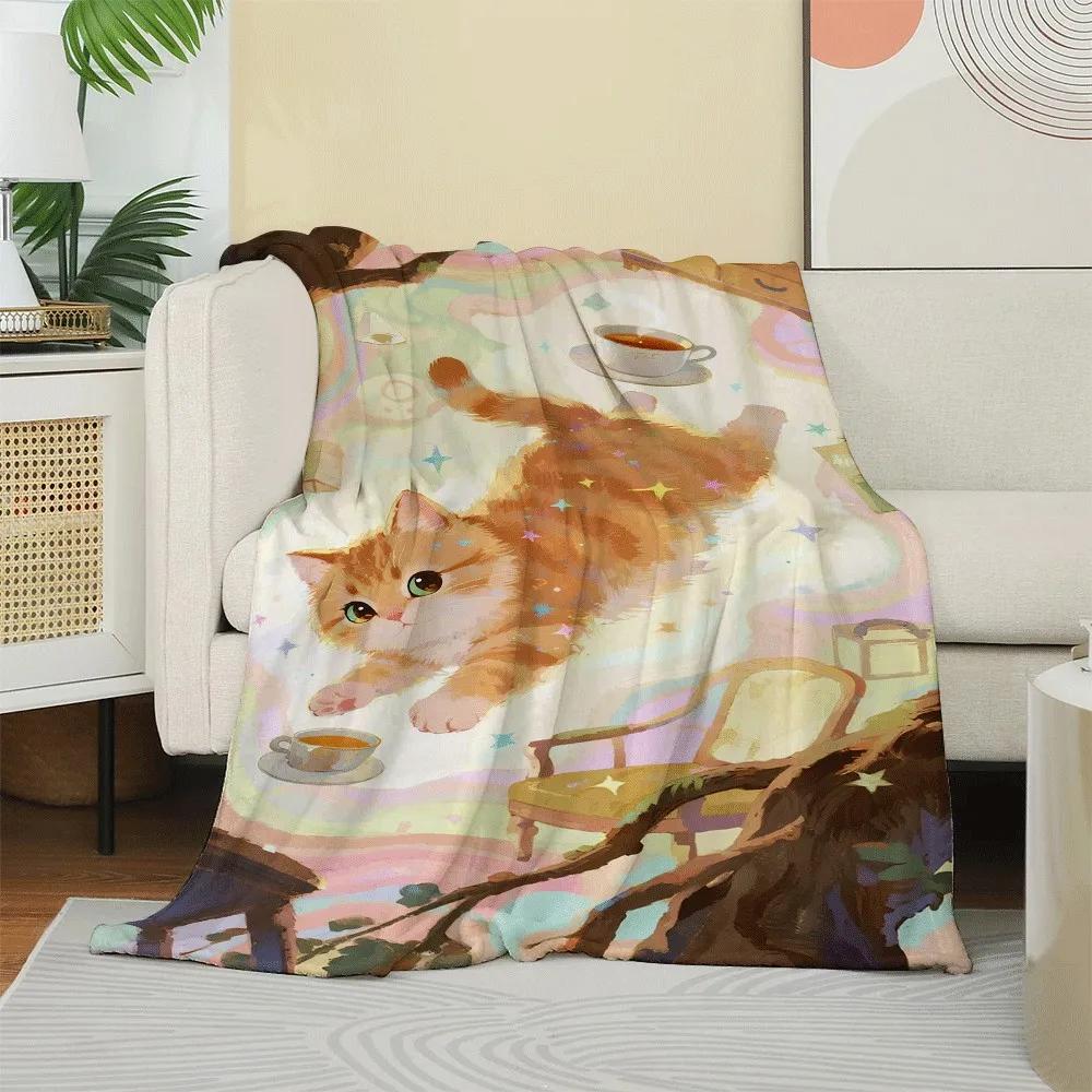 Cartoon Cute Cat Pattern Flannel Printed Blanket Suitable for All Seasons Suitable for Living Room Office Sofa and Travel
