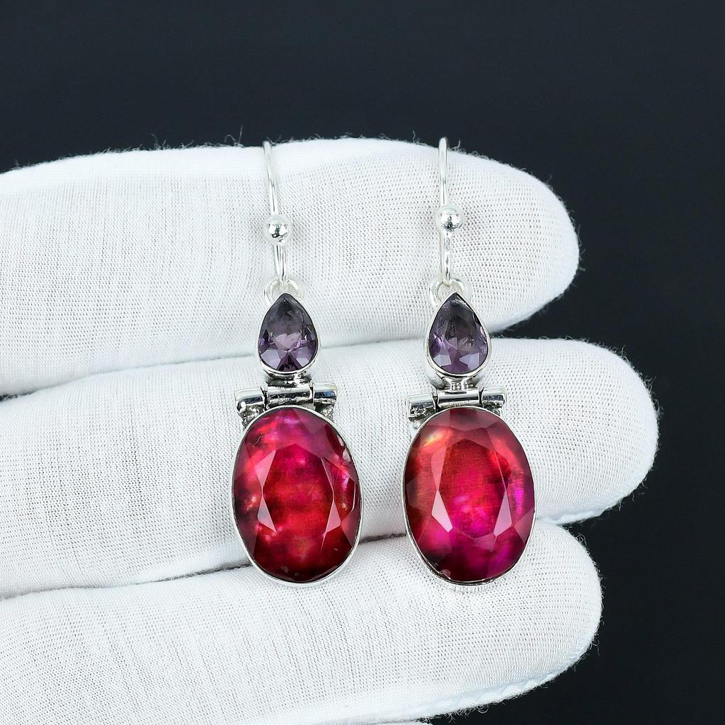 Ammolite & Amethyst Gemstone Earrings, 925 Sterling Silver Earrings Unique Style Earrings, Dangle Drop Earrings For Anniversary Gifts