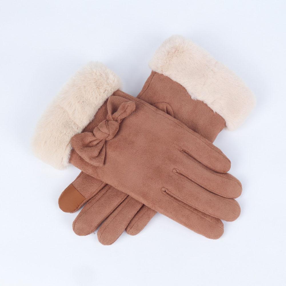 Woman Winter Gloves Windproof Gloves Hand Wear Lovely Bowknot Thick Warm Wind Proof Suede Fabric Telefingers Gloves