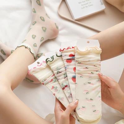 Avocado Strawberry Glass Silk Ruffle Socks Peach Fruit Mesh Tulle Mid Tube Socks  JK