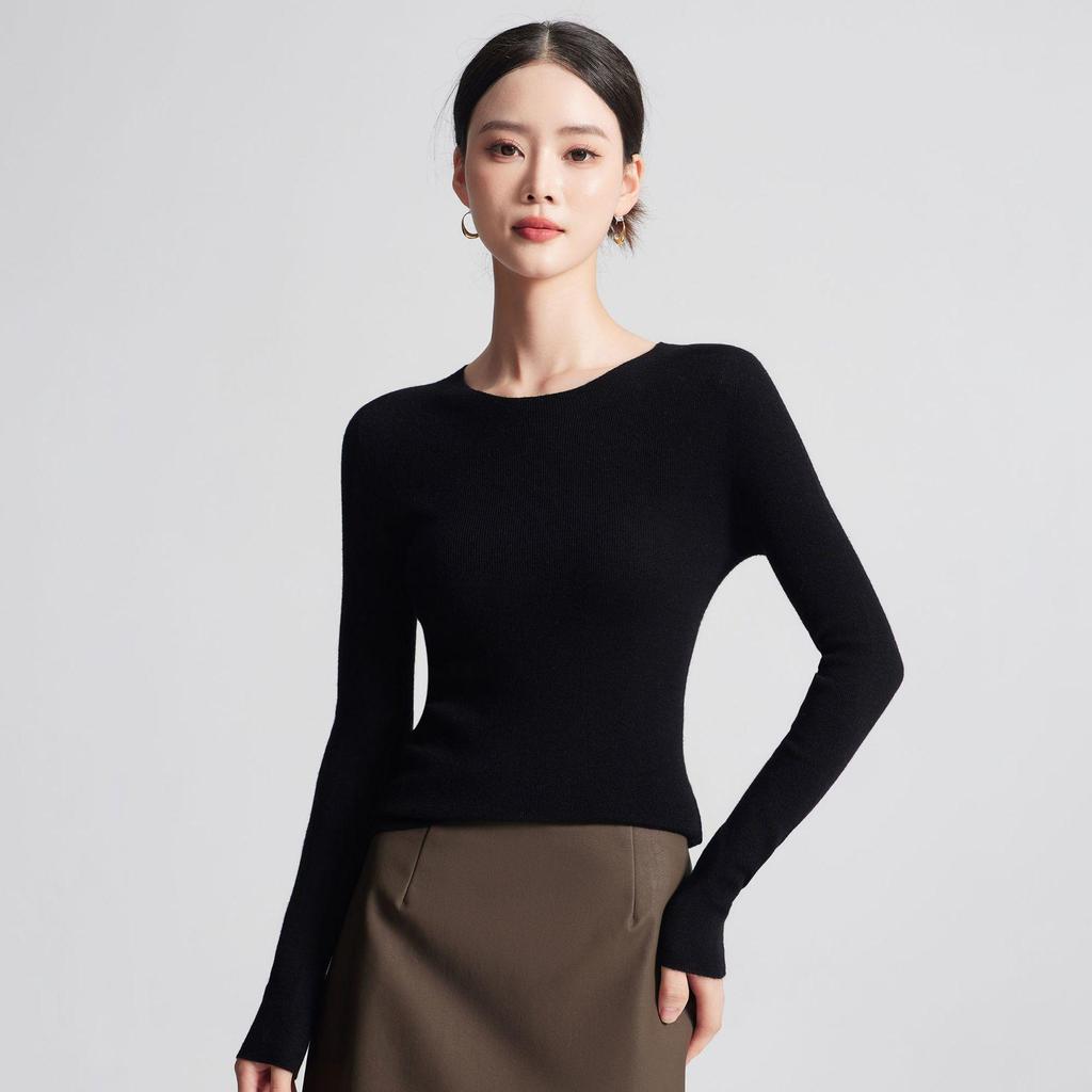 Machine Washable Women's Seamless 100% Pure Wool Round Neck Knit Sweater, 60 Count, 18 Gauge, Autumn Base Layer