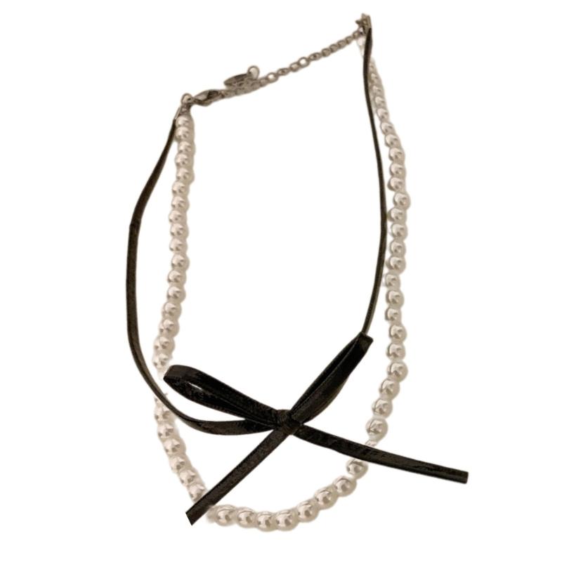 

Fashionable Bowknot Pendant Necklace Handmade Pearls Bead Neckchain Bow Double Layer Clavicle Chain for Women Girls чорний