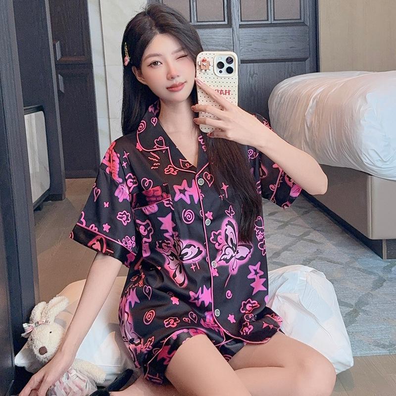 Girls Gradually Change Butterfly Ice Silk Pajamas Women'S Summer Short-Sleeved Shorts Sweet Cool Wind Loungewear