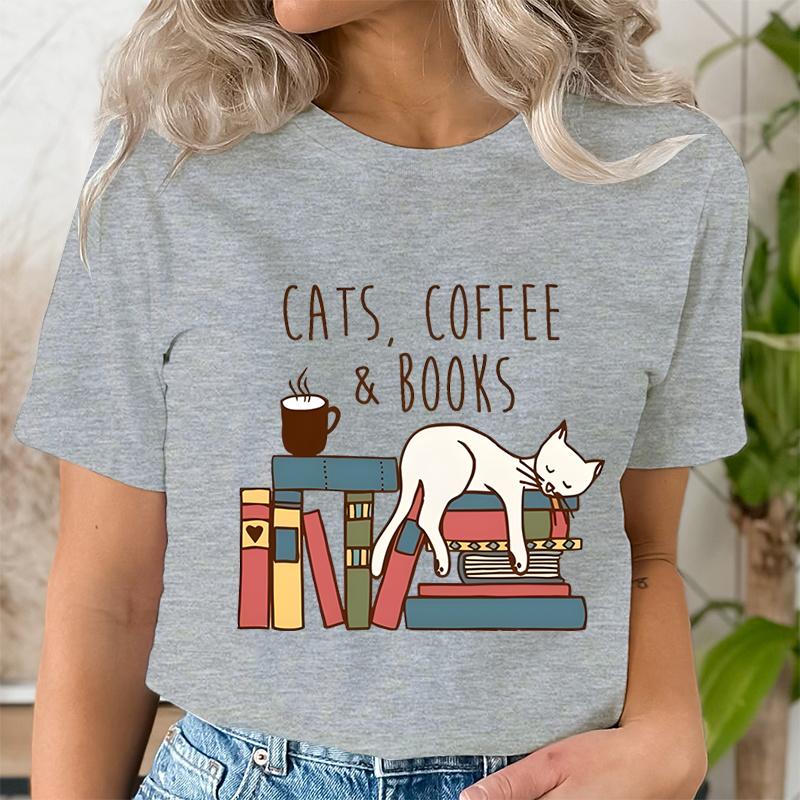 Cats Coffee Books Women Cute Bookworm TShirts Funny Book Lover T Shirt Vintage Reading Graphic Tees Female Bookish Tops Tshirt
