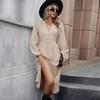 Elegant Women Chiffon Dress High Waist A-Line Knee Length V-neck Long Sleeve Solid Autumn Winter