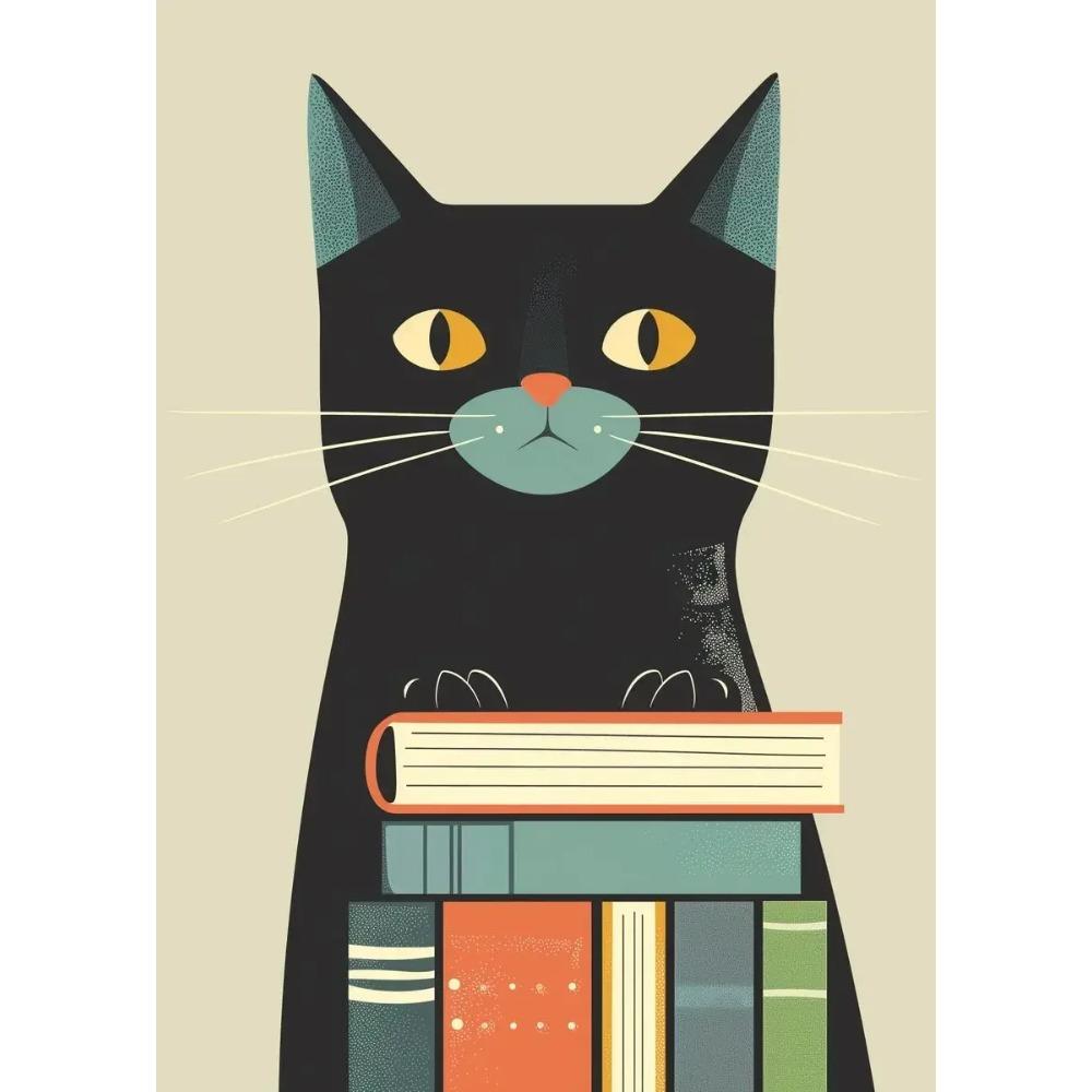 1pc Frameless Canvas Painting  Cartoon Cat with Books Poster Print Canvas Painting Wall Art Picture Library Bookstore Room Decor