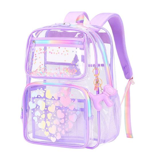 Kids Clear Backpack Waterproof Student Backpack with Love Heart Prints Book Bag with Front Zipper Pockets for Boys Girls School Street