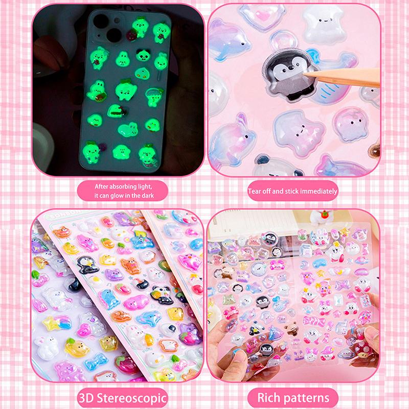 2 Sheets Kawaii Decor Sticker Cute Cartoon Luminous 3D Stickers Diy Phone Luggage Motorcycle Laptop Suitcase Decals