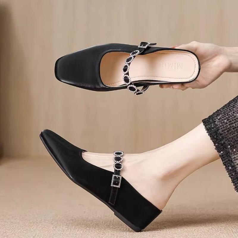 

Fashion 2025 New Women s Shoes Light Mouth Square Mule for Women s Wedge Slippers Soft Slide Fashion New Comfortable Buckle 35 чёрный