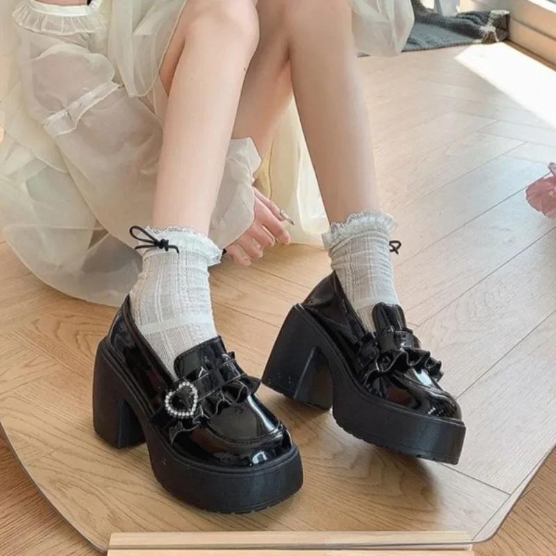 Fashion High Heels Chunky Round Toe Ladies Pumps Gothic Mary Jane Japanese Style Lolita Block Heel Loafers on Heeled Women's Shoes