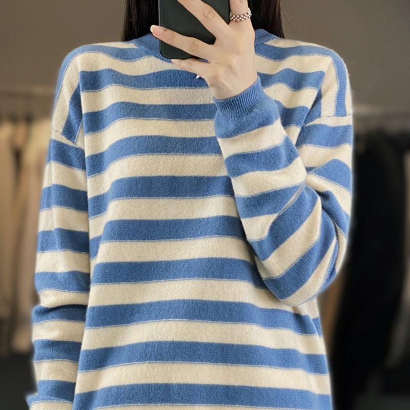 Andy Velvet Striped Round Neck Knitted Base Shirt for Women In Autumn and Winter Skin-friendly and Warm Pullover Top Loose and Versatile Sweater