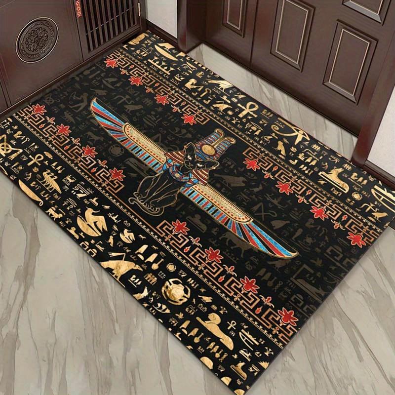 Egyptian Cat and Hieroglyphs Rug Ancient Civilization Art for Modern HomesLarge Floor Mat Anti Slip Carpet Can Be Machine Washed