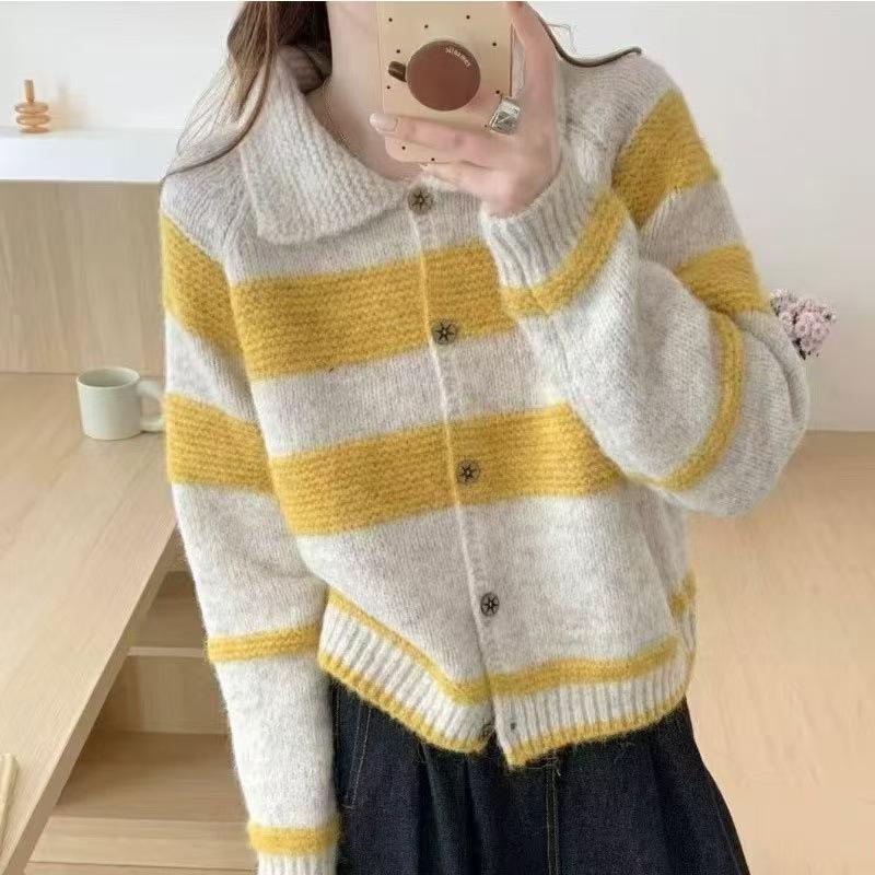 Vintage contrasting color striped polo neck sweater cardigan women's early spring new loose plush long-sleeved jacket
