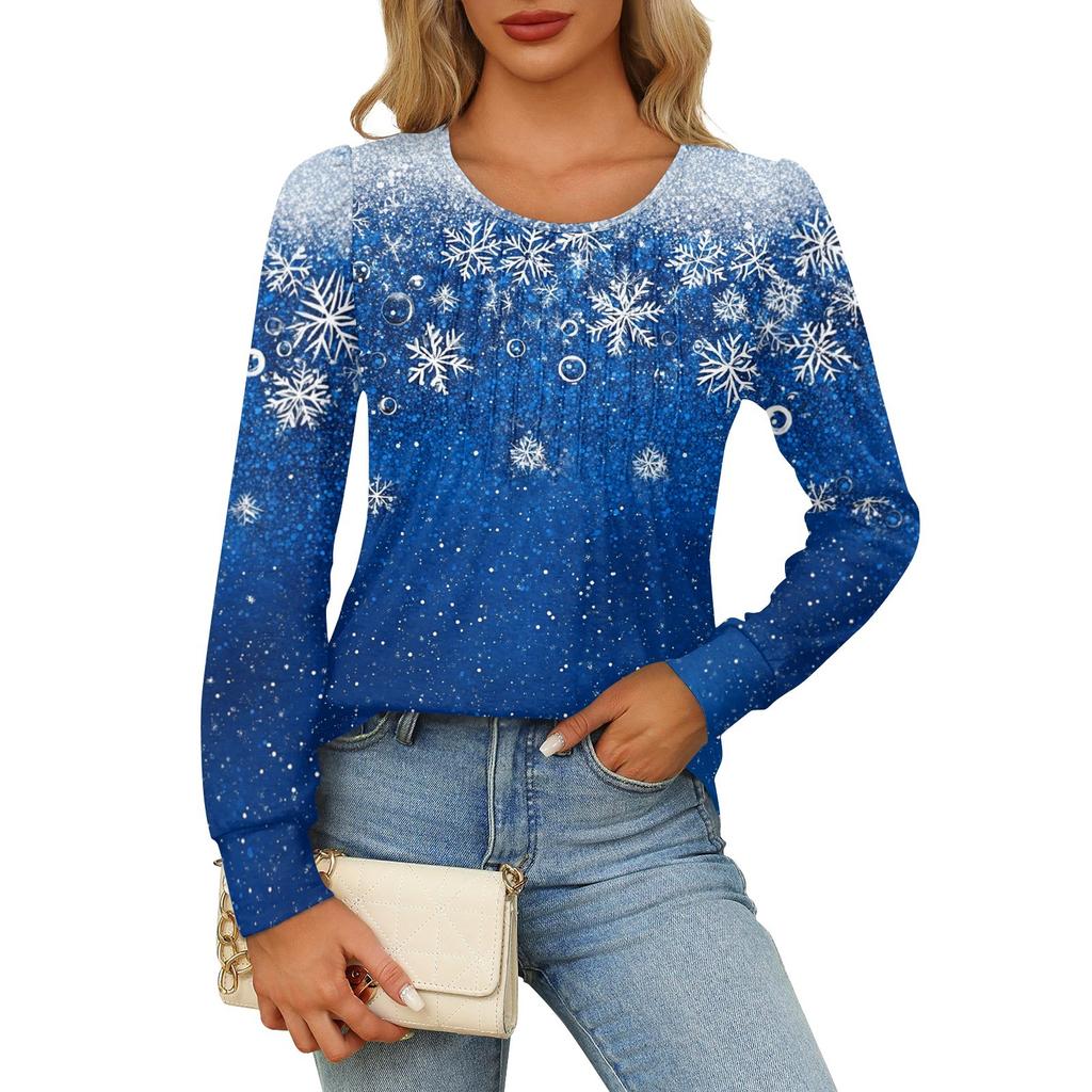 Long Sleeve Shirts For Women Cute Print Graphic Tees Blouses Dressy Casual Blouses Pleated Scooped Neck Tunic Tops Christmas