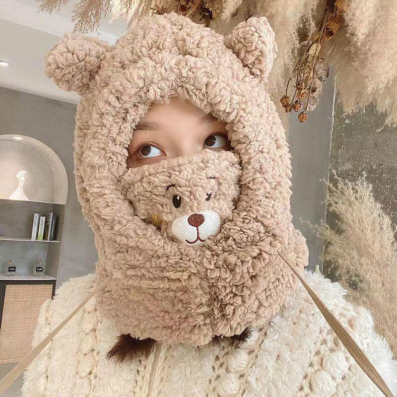 

Women s Autumn/Winter Lamb Wool Bear Mask Embroidered Cycling Windproof Hat with Neck Warmer. One Size кофейный