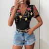 Women'S Black Floral Embroidered Mesh Bodysuit V Neck Short Sleeve Elegant Sexy Jumpsuit Summer Top