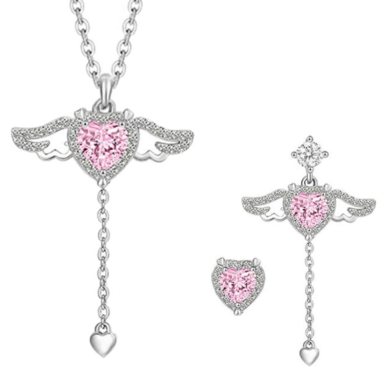 

Korean Pink Crystal Angel Wings Heart Pendant Necklace Waving Wing Earrings Minimalist Jewelry Girl Neck Chain For Women 1