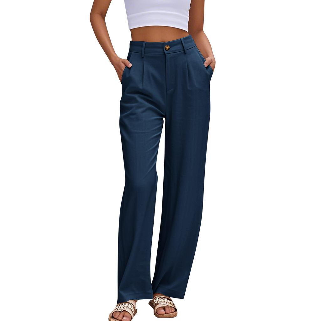 Women's Linen Casual High Waist Wide Leg Straight Dress Cotton Linen Pants Button Trousers