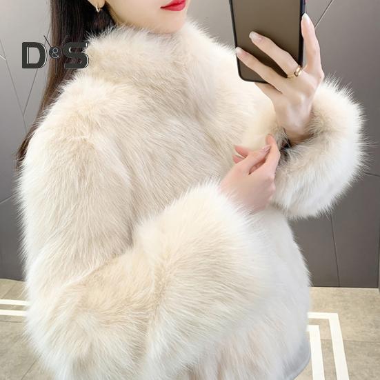 Auutmn Winter Lady Cardigan Coat Furry Plush Stand Collar Heat Retention Long Sleeves Thickened Short Type Solid Color Faux Fur Jacket