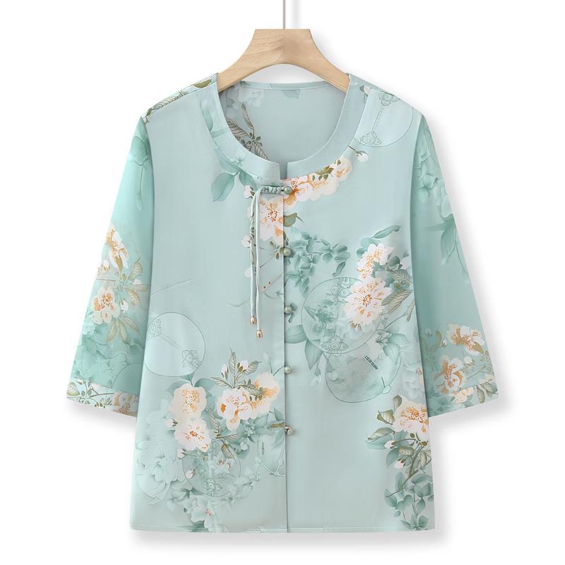 Middle-Aged Women s New Chinese Style Floral Print 3/4 Sleeve Shirt 4XL