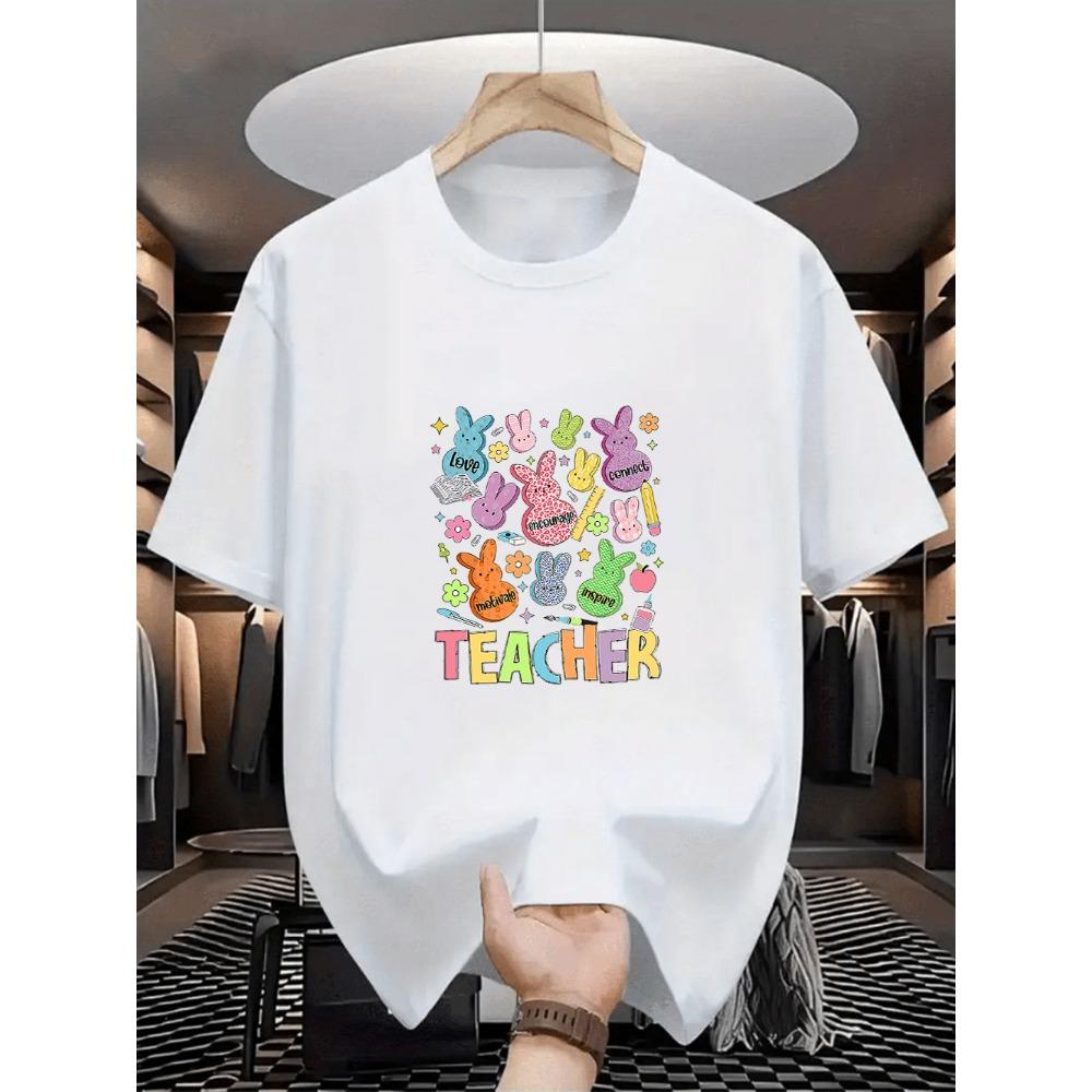 Oversized White Easter Teacher Bunny Graphic Print Casual Short Sleeve T-Shirt Loose Tee for Educators