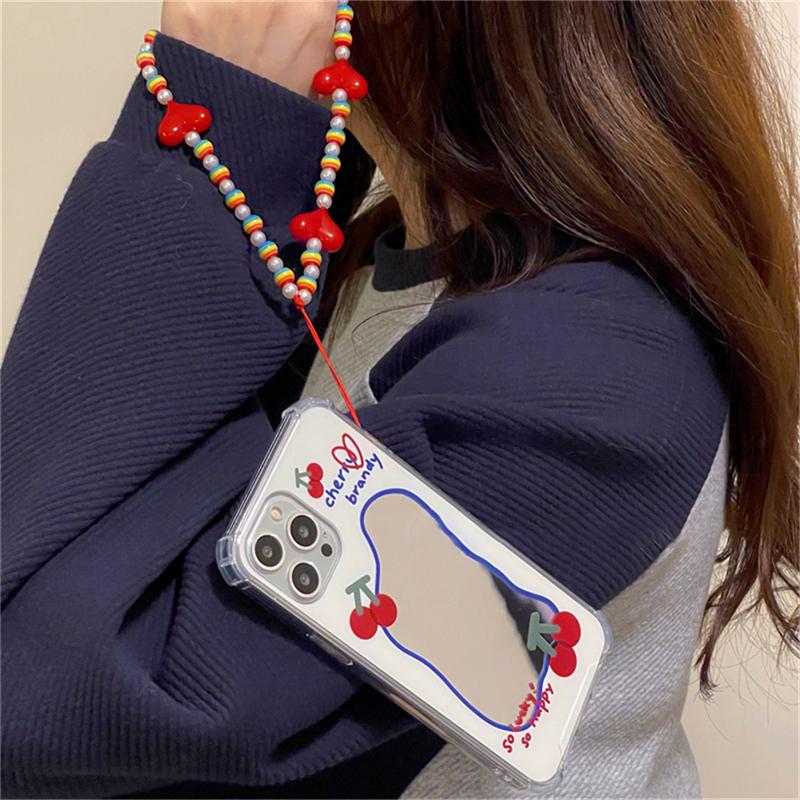 Korea süße Kirsche Liebe Herz Armband Handytasche für Iphone 13 12 11 Pro Xs Max X Xr 7 8 Plus Kette schützende weiche Rückseite Abdeckung