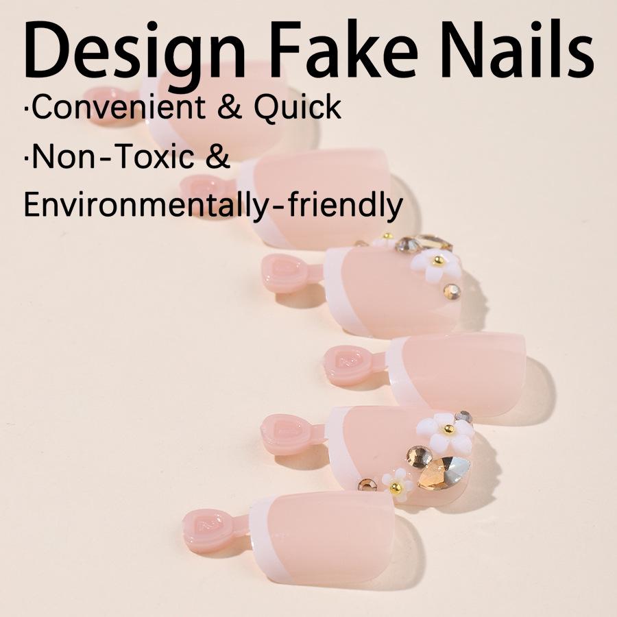 French Style Glitter Rhinestone Flower 3D Fake Toenail Tips