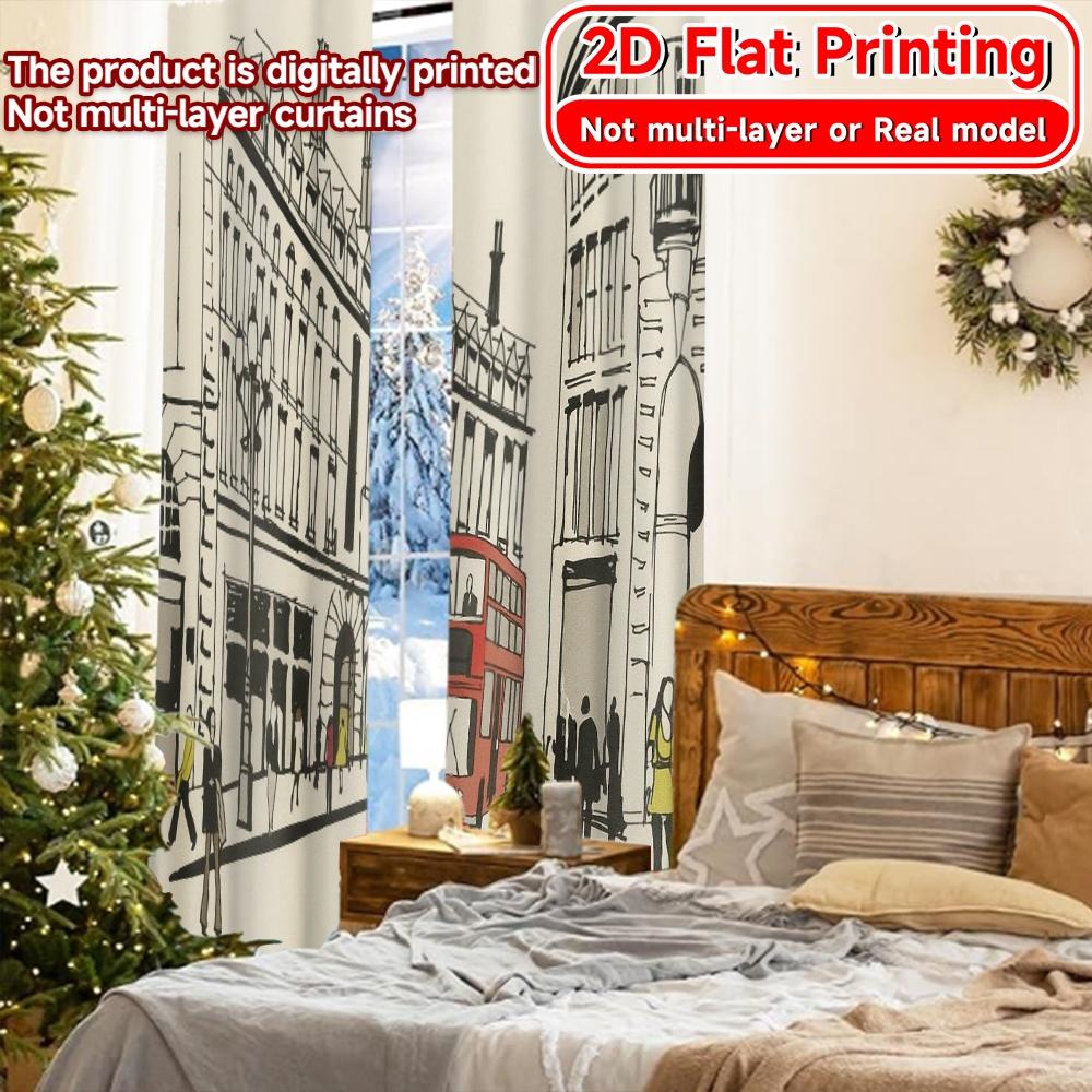 2pcs   2D FLAT PRINTING Curtains (Without Rod) London Streets Christmas Holiday Curtains with Digital Printing Polyester Easy