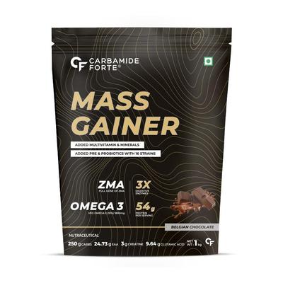 Carbamide Forte Mass Gainer Protein Powder 54g | Weight Gainer 250g Carbs, ZMA, Creatine, Multivitamin Belgian Chocolate 1kg