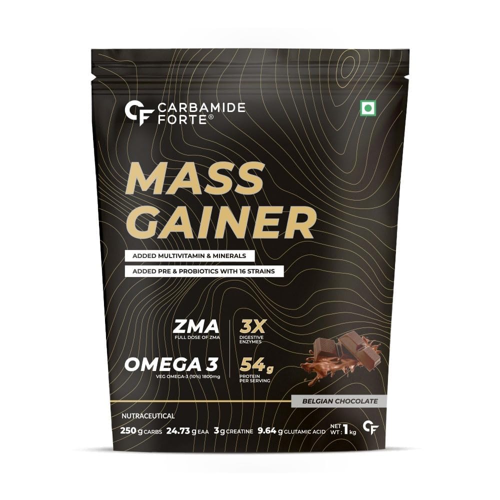 

Carbamide Forte Mass Gainer Protein Powder 54g | Weight Gainer 250g Carbs, ZMA, Creatine, Multivitamin Belgian Chocolate 1kg