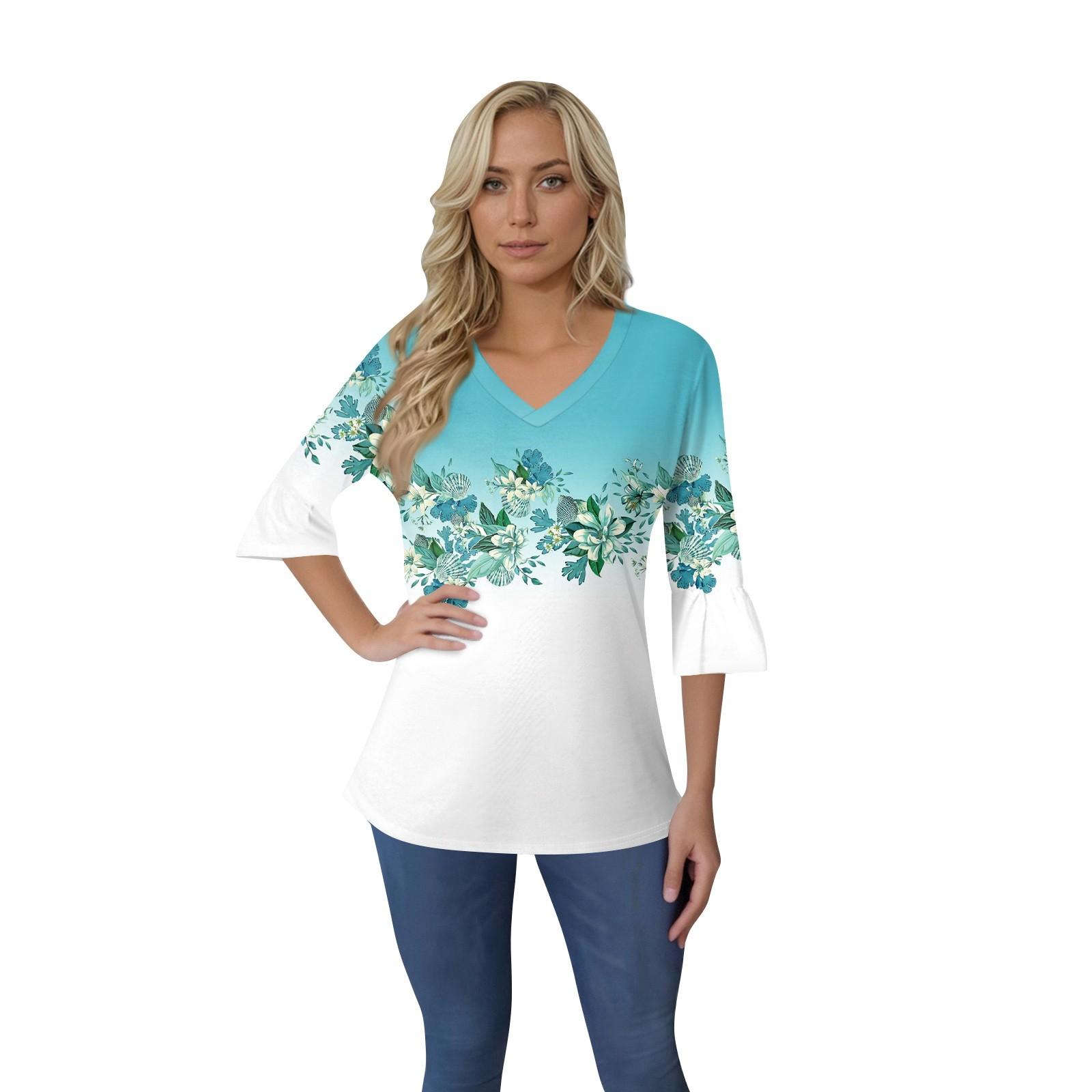 

Женский повседневный топ с рукавами 3/4, летняя футболка с v-образным вырезом и пышными рукавами L циан