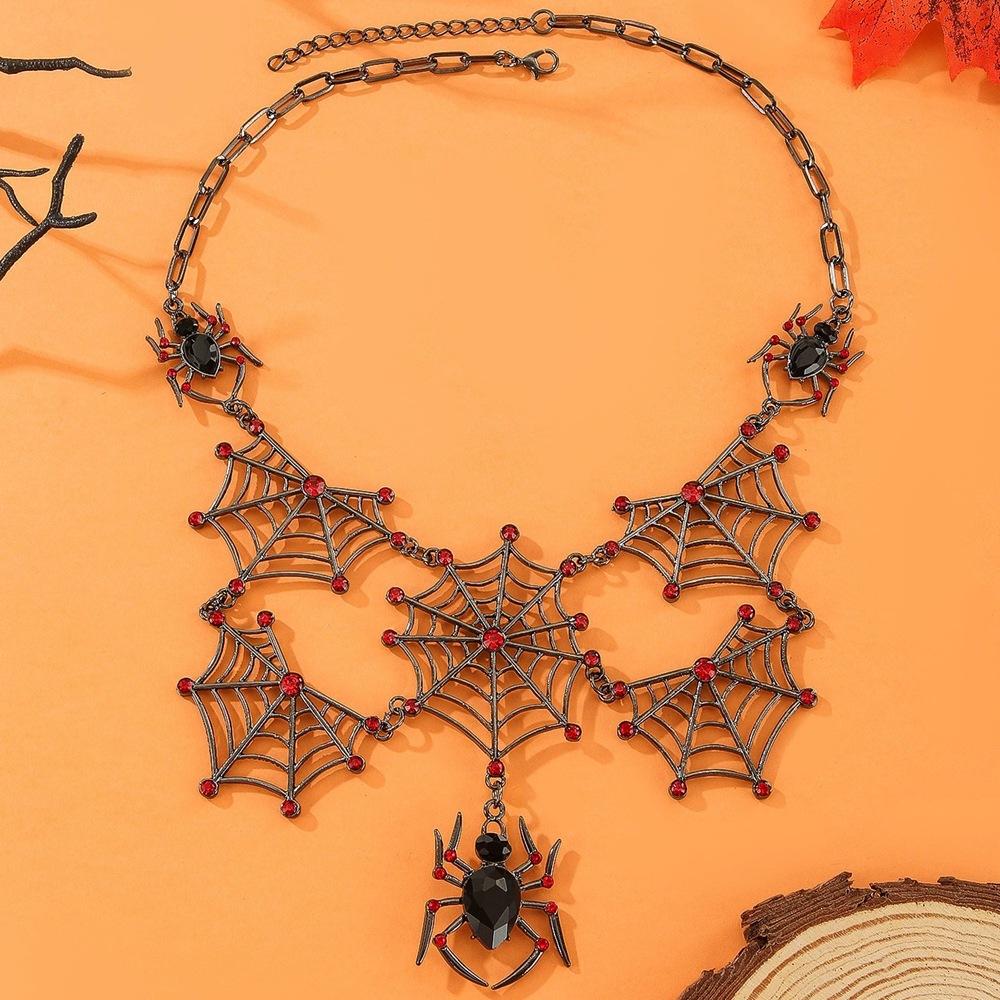Halloween Jewelry Punk Hollow Inlaid Rhinestone Spider Web Necklace for Women Party Accessories