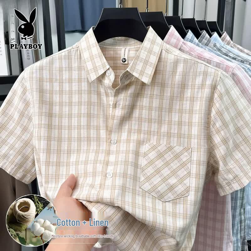 PLAYBOY Men s Linen Blend Short Sleeve Casual Shirt 56