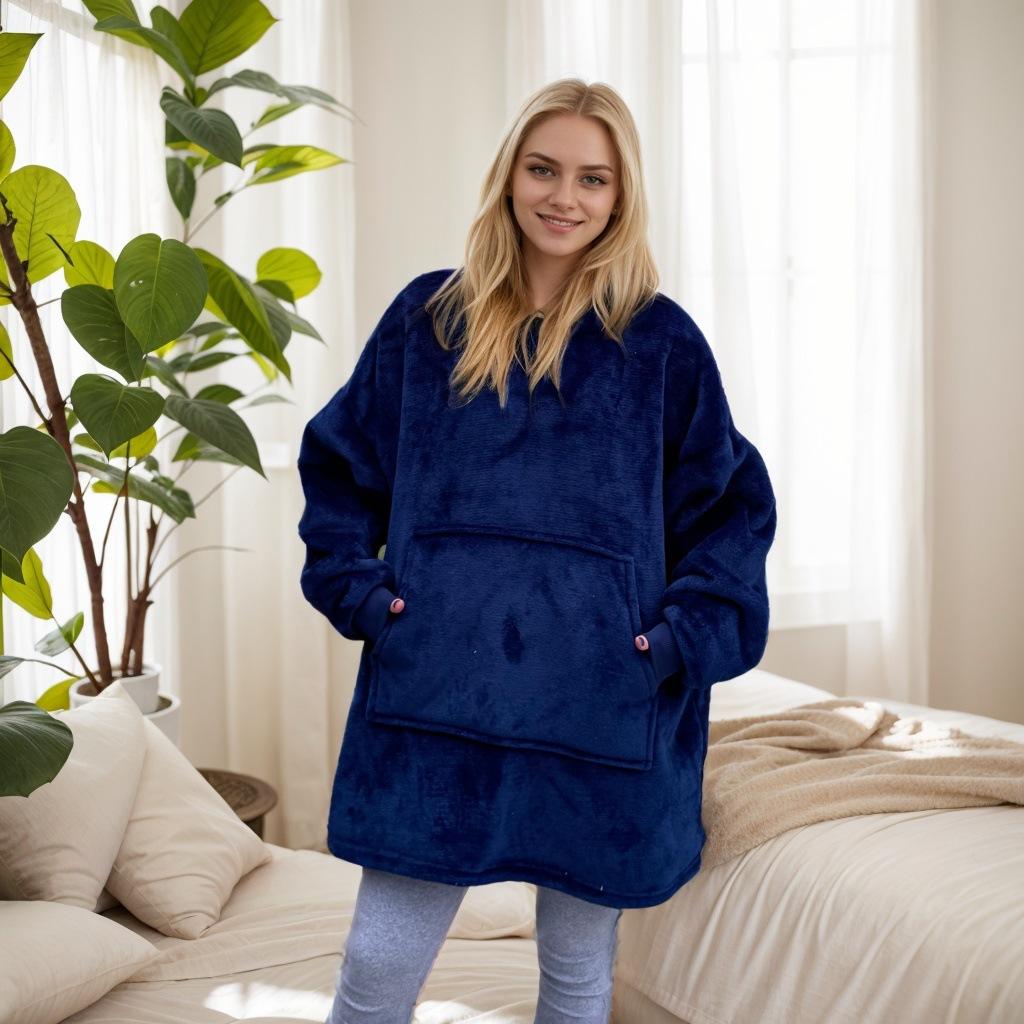 

Уютное двустороннее флисовое одеяло с капюшоном и карманом-кенгуру, мягкий бархатный носимый плед, вязаная мягкая бархатная пижама, теплая домашняя одежда One size темно-синий