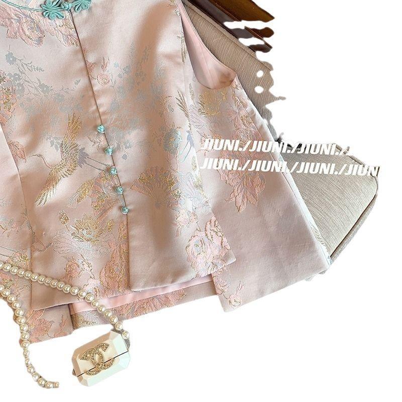 Retro Style Bronzing Jacquard Disc Buckle Vest Women's Clothing Spring and Autumn Thin Style Antique Style Outer Sleeveless Top