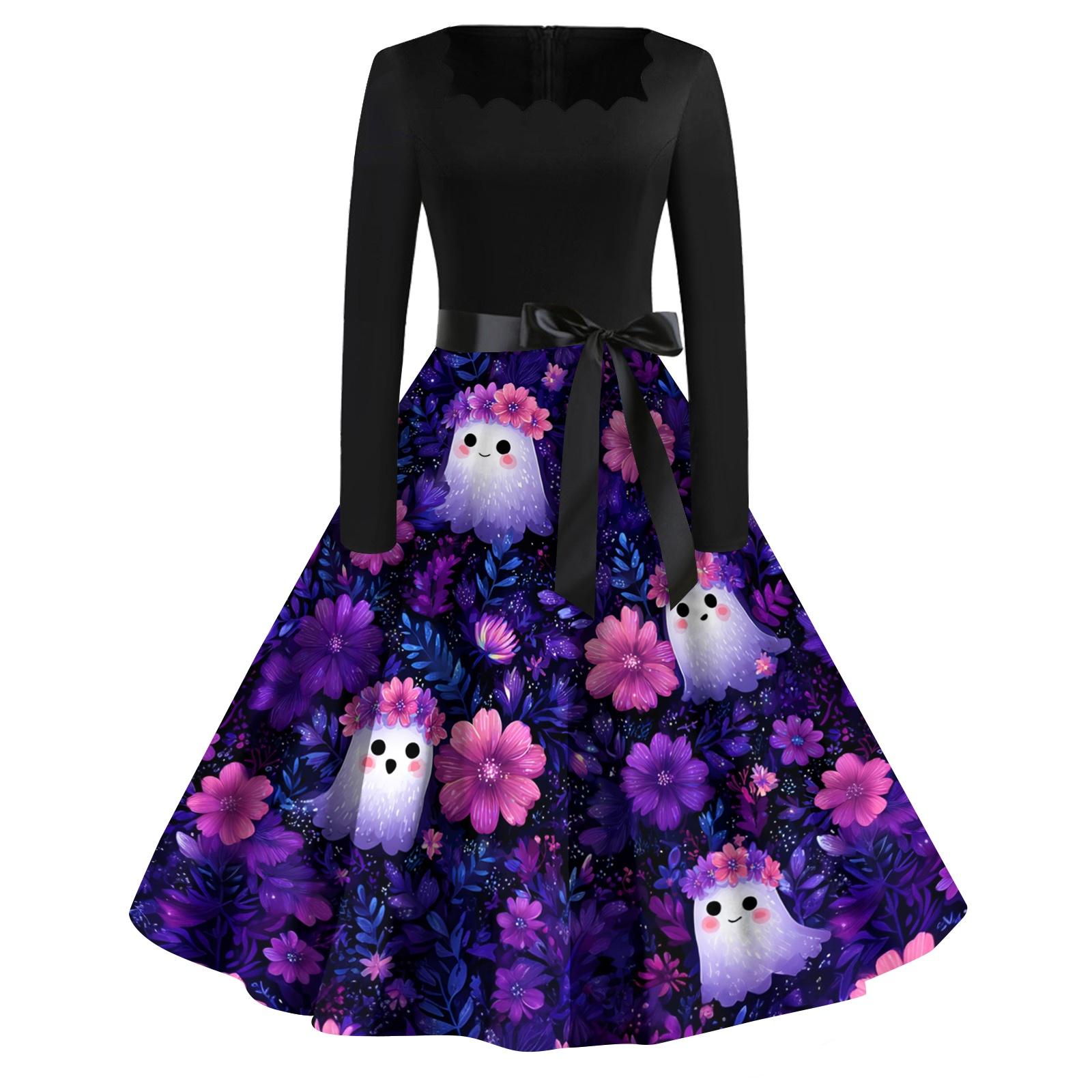 

Women Casual Vintage Dress Long Sleeve Square Neck Floral Print Halloween Party Swing Dress with Waist Tie Belt Elegant Retro Style L фиолетовый