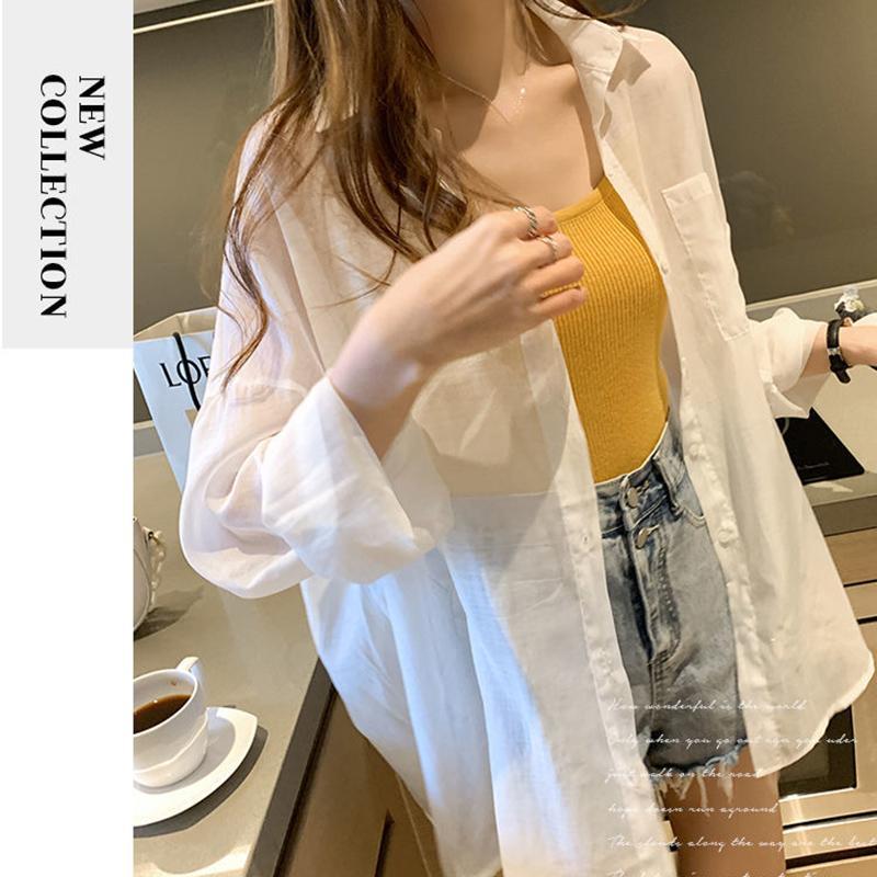 Polo Collar Thin Chiffon Shirt Single Breasted Cardigan Women's Loose Sun Protection Clothing Solid Color Simple Casual Summer